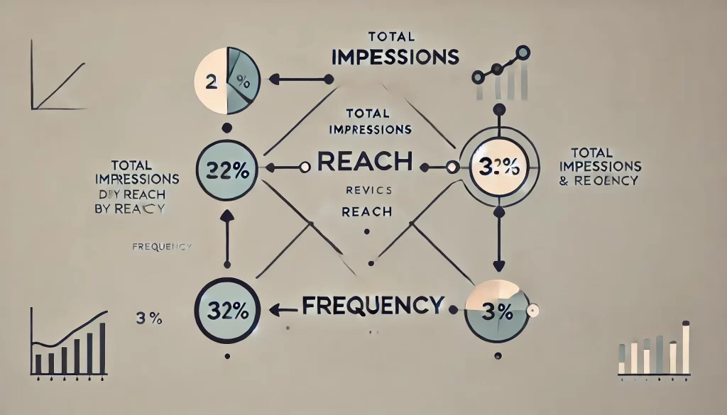 Gráfico que visualiza la relación entre impresiones, alcance y frecuencia en campañas publicitarias Impresiones vs alcance, frecuencia en publicidad digital, análisis de impresiones