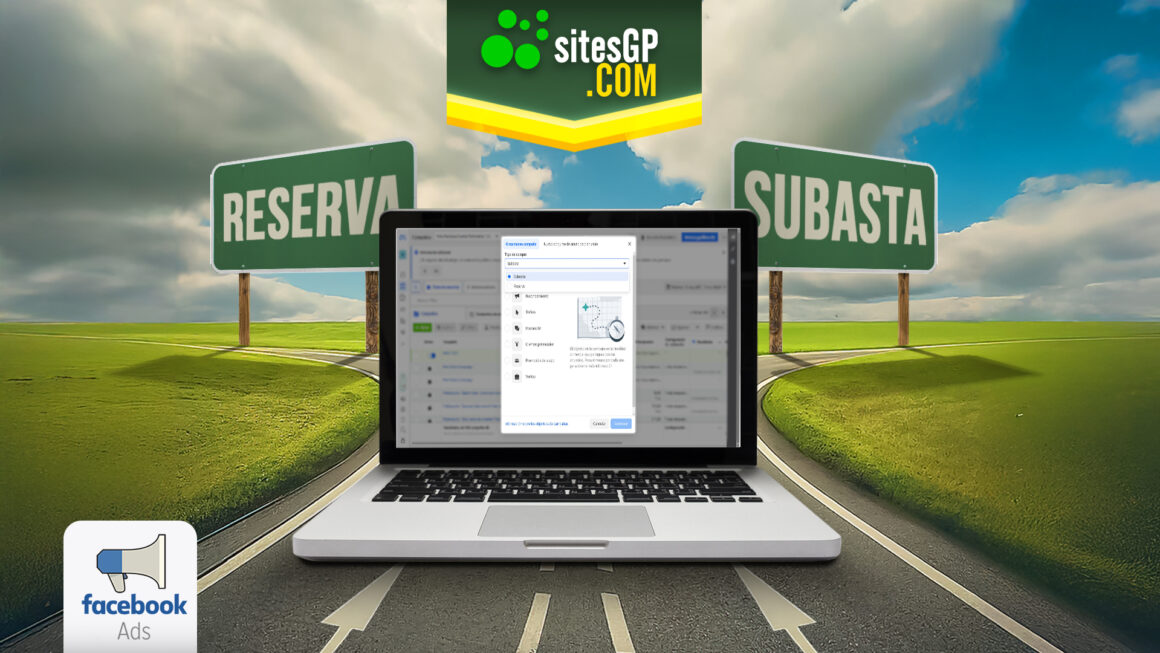 Imagen de computadora con opciones de subasta y reserva para campañas de Facebook Ads, mostrando una bifurcación en el camino entre ambas opciones.