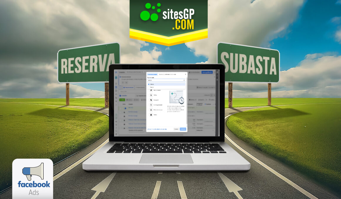 Imagen de computadora con opciones de subasta y reserva para campañas de Facebook Ads, mostrando una bifurcación en el camino entre ambas opciones.