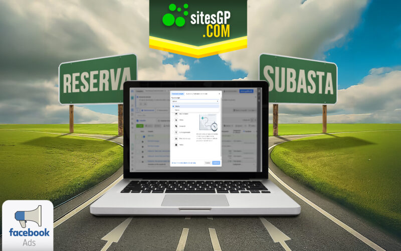 Imagen de computadora con opciones de subasta y reserva para campañas de Facebook Ads, mostrando una bifurcación en el camino entre ambas opciones.
